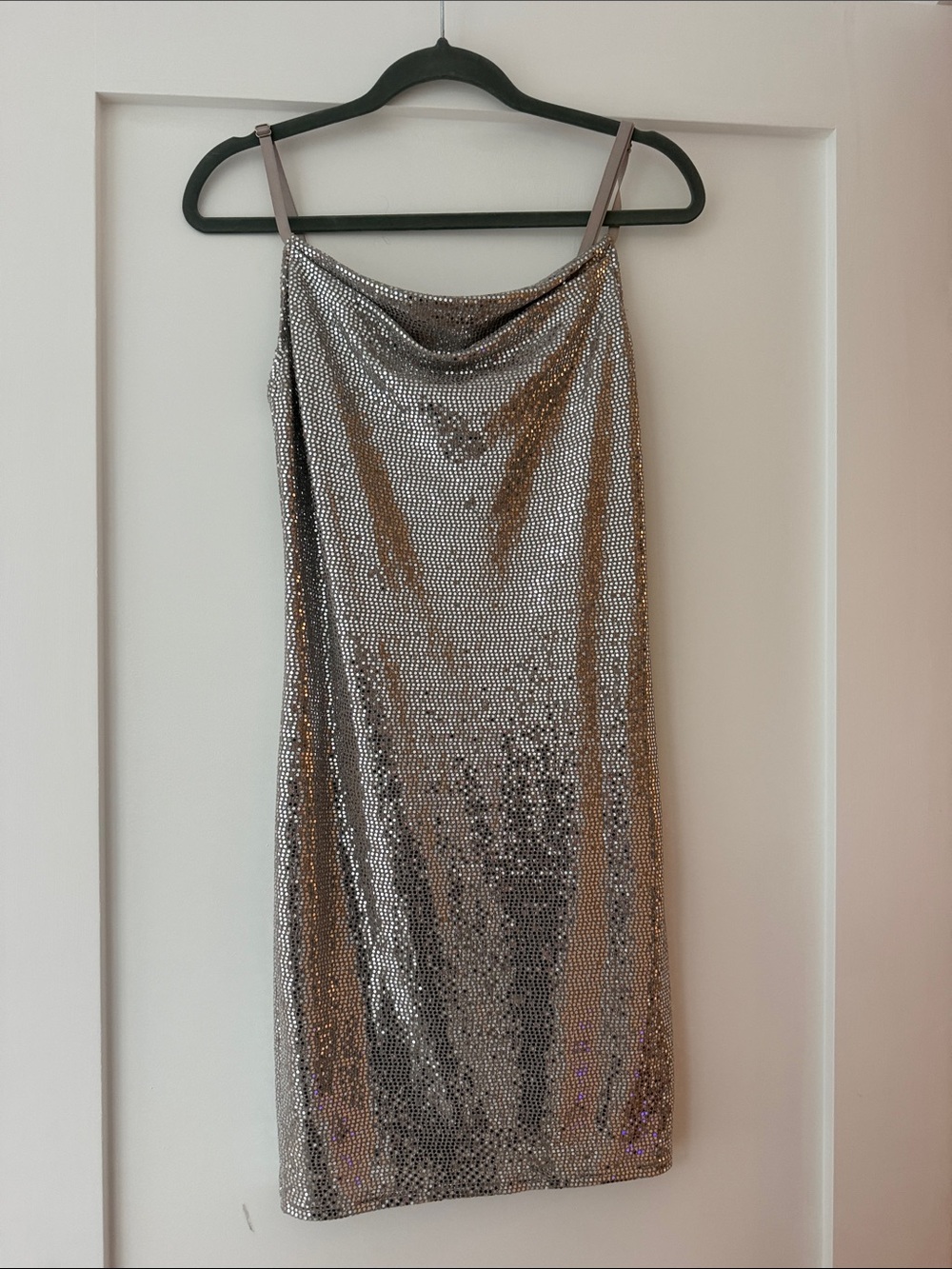 bebe Silver Sequined Cowl Mini Dress